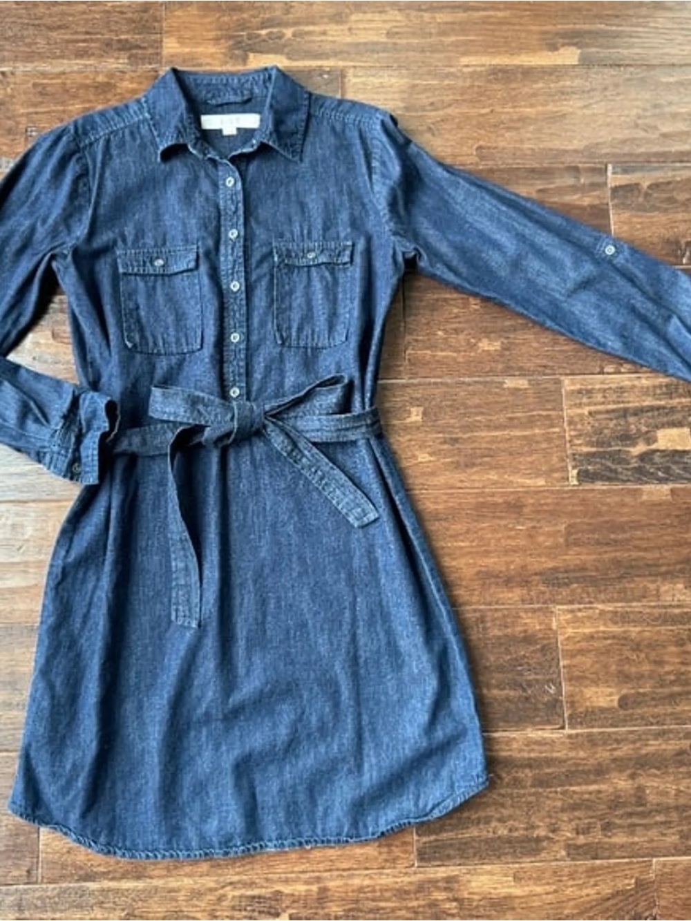 Women's Loft Dark Blue Denim Shirt Dress with Tie Waist